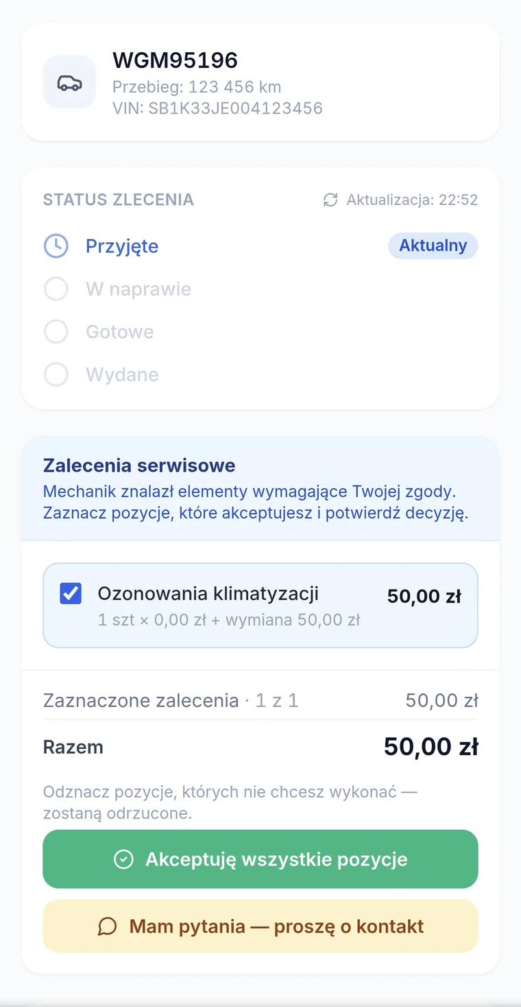 Portal klienta na telefonie: status zlecenia, zalecenia serwisowe do zaznaczenia i przyciski akceptacji